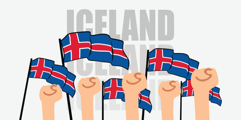 hand with flag of the Iceland or Iceland independence day vector illustration of Iceland flag with gray background banner or greeting card