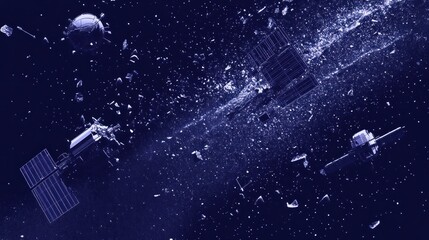 Space debris field with shattered satellites and cosmic dust.