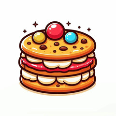 Cartoon cake with three layers topped with colored candies and chocolate chips