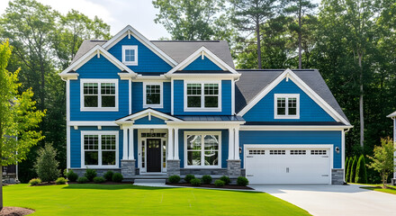Blue Two Story House White Trim Green Lawn home residential