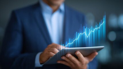 Business Executive with Digital Tablet and Floating Financial Dashboards