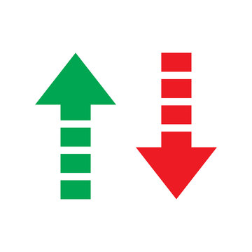 Green up arrow and red down arrow icons representing growth and decline isolated on a transparent background for business concepts.