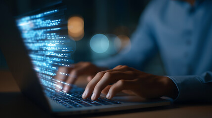 Developer working with coding panels and bug scan icon in tech workspace
