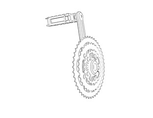Wireframe Depiction of bicycle pedal and chainrings. A Technical Drawing and Simple Line Art presents this Outline Illustration, executed in a Monochrome style. Perfect for engineering, cycling, or