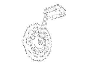 Naklejka premium Wireframe Depiction of a bicycle pedal and chainrings. This Technical Drawing, a Simple Line Art and Outline Illustration, presents a Monochrome view of essential bike components for engineering or