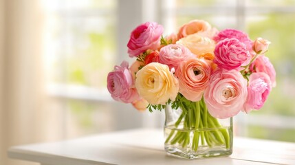 Obraz premium Bright colorful ranunculus flower bouquet in clear glass vase on white surface.