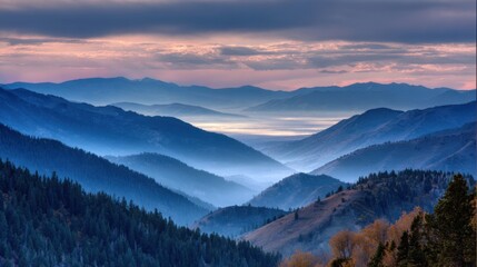 Vibrant Mountain Landscape with Layered Hills Rolling Into the Distance During Sunset.