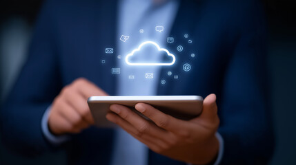 Cloud Computing Concept with App Symbols and Neon Icon