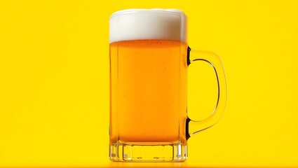 A mug of beer with a thick white head against a bright yellow background in a studio setting shot | national 