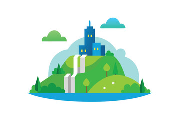 Fototapeta premium Idyllic Smart City On A Hill With Green Forest And Sky