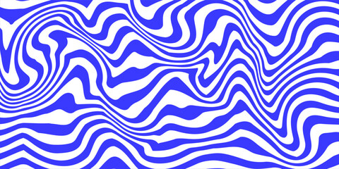 Blue wavy lines abstract background. Trendy psychedelic retro style backdrop. Waves, swirl and twirl pattern. Twisted distorted vector texture.