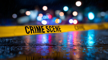 Rain-soaked city street at night with crime scene tape and police lights