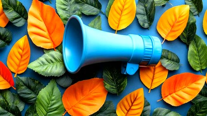 Blue megaphone amidst vibrant autumn foliage on a blue background