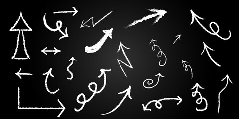 Vector set of hand drawn arrow icons. Abstract grunge doodle style made with chalk. Arrow line curve up down. Perfect for graphic design, decoration or annotation.