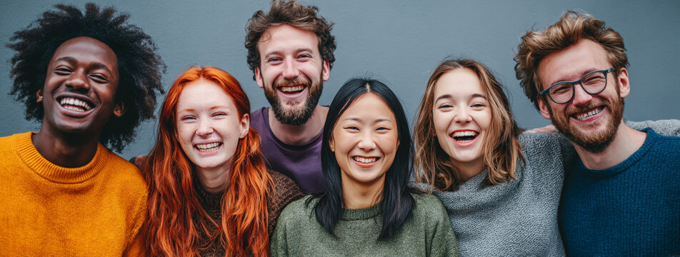 Diverse group of friends laugh together. Happy multiracial people. Perfect for advertising, marketing, web design, and illustrating diversity and inclusion.