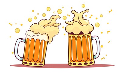 Two cartoon beer mugs with overflowing foam toasting and yellow bubbles on a white background | national 