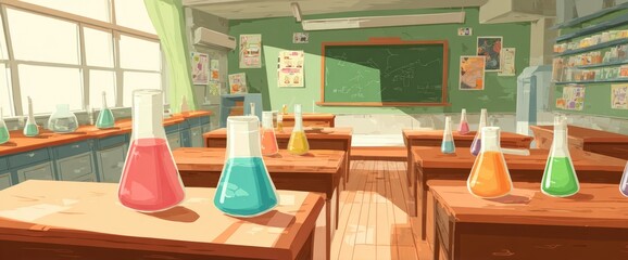 A brightly lit classroom science lab with various beakers