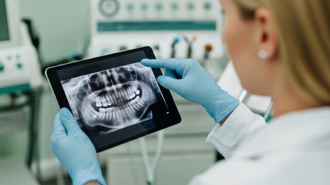 Dental Professional Analyzing Panoramic X-ray on Digital Tablet in Modern Clinic for Oral Health Diagnosis