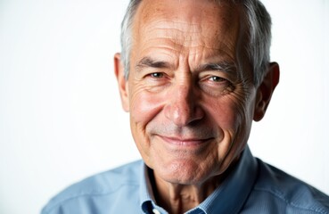 A smiling elderly man with gray hair wearing a light blue shirt looking directly at the camera