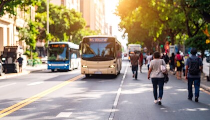 Blurry city street scene with buses and pedestrians