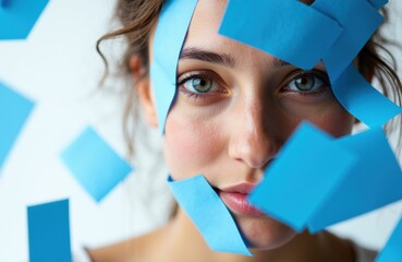 Woman with blue sticky notes covering her face and floating around her