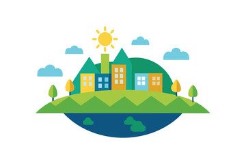 Fototapeta premium Eco Town Island With Hills Solar Panels And Smart Homes