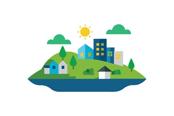 Fototapeta premium Eco Town Island With Hills Solar Panels And Smart Homes