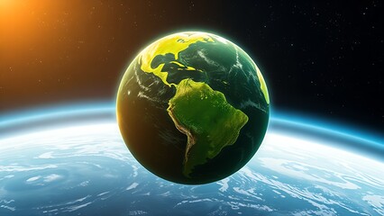 Fototapeta premium Lush green planet floating in space with a glowing atmosphere, depicting cosmic beauty.