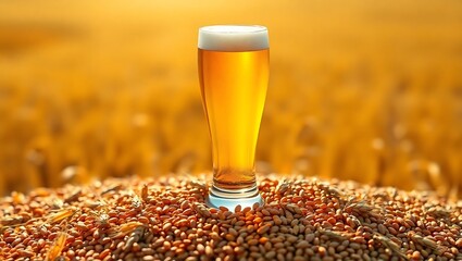 A tall glass of beer with foam on top sitting on a pile of grains with a field background view | national 