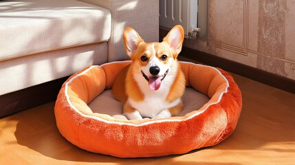 Adorable Corgi Puppy Relaxing in Orange Pet Bed