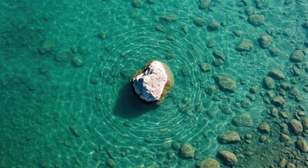 Aerial View: Single Rock in Crystal Clear Teal Water, Serene Summer Scene, Overhead Shot