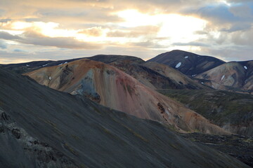 multicolored vulcanic hill in the sunset near Landmannalaugar on Iceland 
