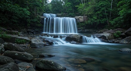 A scenic waterfall cascades over rocks into a tranquil, flowing river, surrounded by lush green forest.