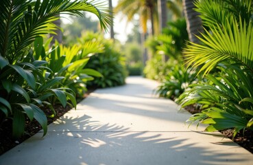Fototapeta premium A lush tropical garden pathway lined with vibrant green plants and palm trees