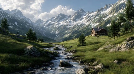 Scenic Mountain Valley – Snow-Capped Peaks, Green Meadows, and Serene Riverside Cabin