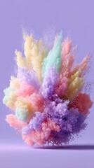 Vibrant pastel-colored powder bursts dynamically against a soft purple background, creating an abstract explosion of colors and textures.