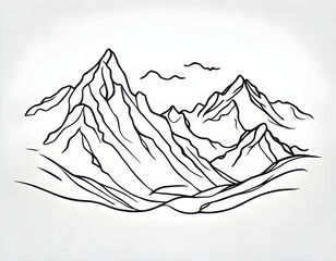 Simple line art illustration of a majestic mountain range with snow-capped peaks, pine trees, rolling hills, clouds, and a full moon, in black outline on white background, ideal for coloring books, ta