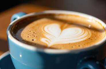 A cup of coffee with latte art in a blue mug on a wooden surface