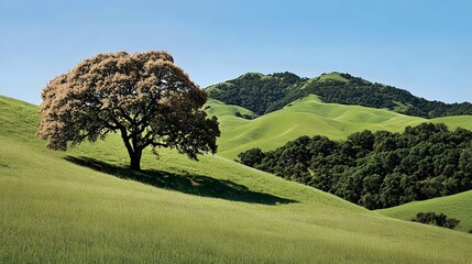 Majestic Oak Tree on Rolling Green Hills Landscape Photography