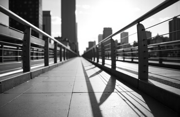 Empty city bridge walkway with railings and shadow patterns in black and white