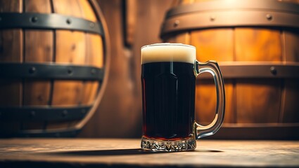 A dark beer in a glass mug sits on a wooden surface with barrels in the background in a dim light | national 