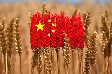 Wheat ears painted with the flag of China, field of wheat, grain