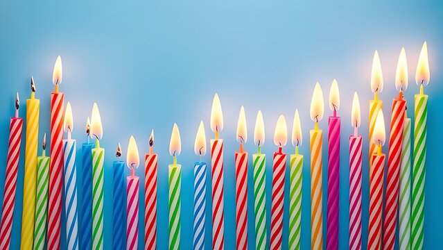 Colorful birthday candles of varying heights glowing softly, arranged on a gradient blue background.
