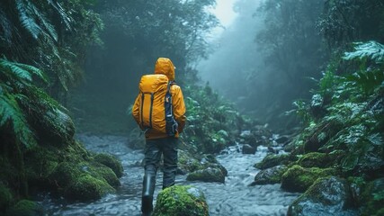 Solo Explorer in Mystical Wilderness: An individual embarks on a solo adventure through an enchanting, moss-covered woodland.