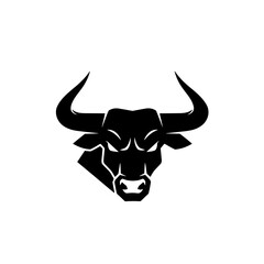 Silhouette of a bull's head, strong and aggressive, logo style.