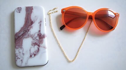 Stylish Marble Phone Case with Orange Sunglasses and Gold Chain
