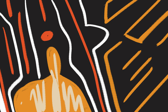 dark image with human abstract shape. Neo expressionism art painting with orange and with on black board. Art style with late modernist art. For print and wall art decoration.