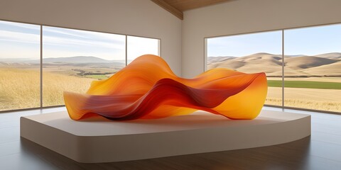 Abstract Orange Glass Sculpture in Modern Room with Landscape View