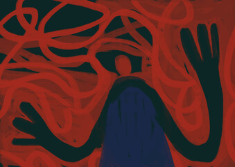 Somber figure with depression around with scribble and trouble red and dark, illustration, expressionism art and outsider-art. Somber painting with Bright color. Artwork for wall art