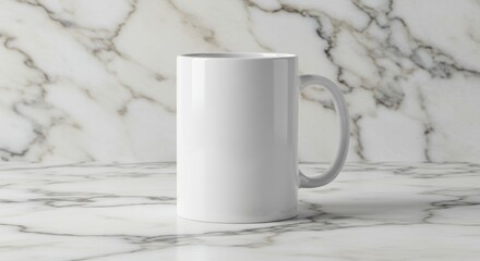 Elegant white ceramic mug displayed on a luxurious marble surface mockup